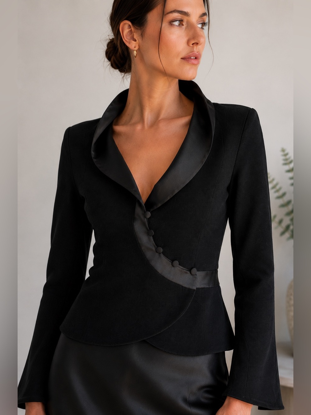 Giorgio Armani Black Wrap Blazer XS Made in Italy Textured Satin Trim Designer